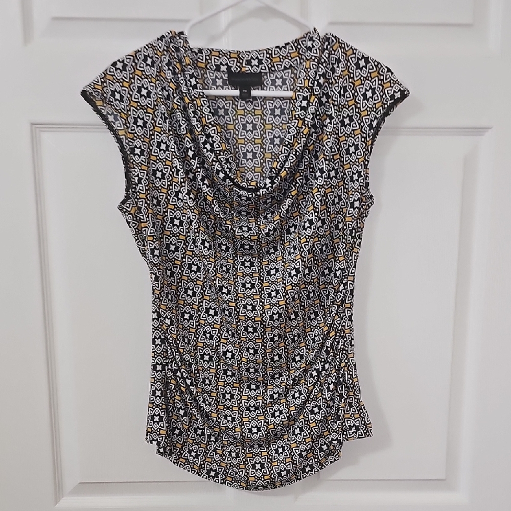 Worthington Women's Elegant Black and Gold Patterned Blouse